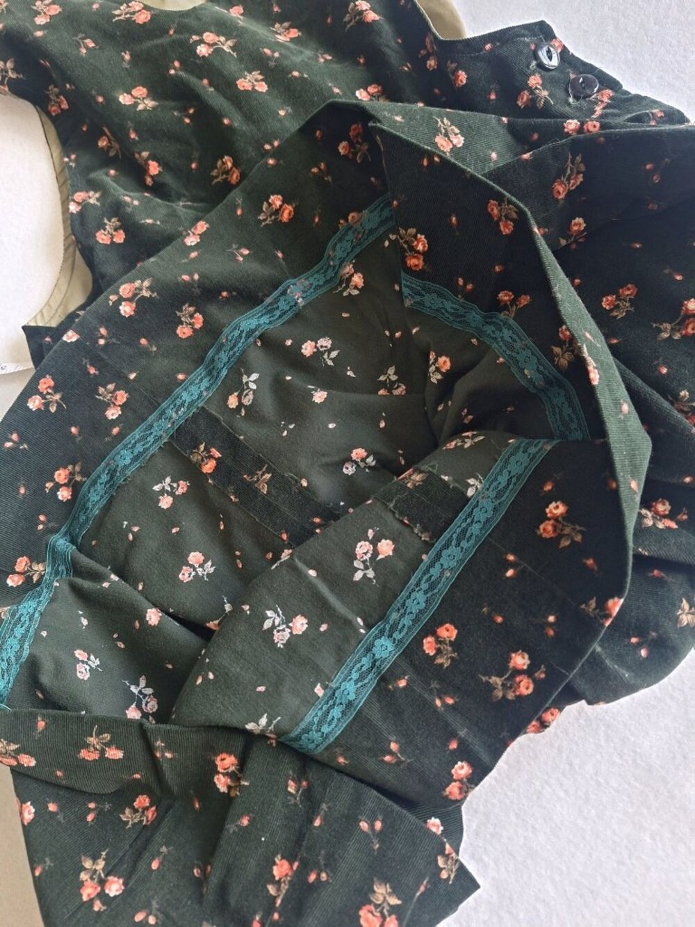 💙 Floral Corduroy Pinafore Midi Dress Size M Pleated Olive Green Sleeveless Jum - Picture 6 of 8